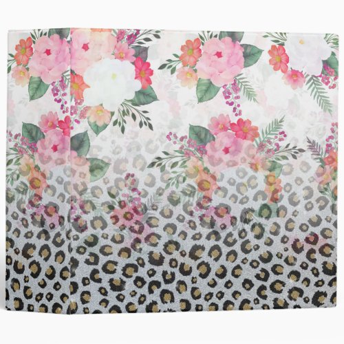 Silver Gold Black Leopard Print Pink Flowers 3 Ring Binder