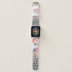 Silver Gold Black Leopard Print Pink Flowers Apple Watch Band