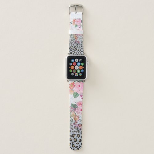 Silver Gold Black Leopard Print Pink Flowers Apple Watch Band