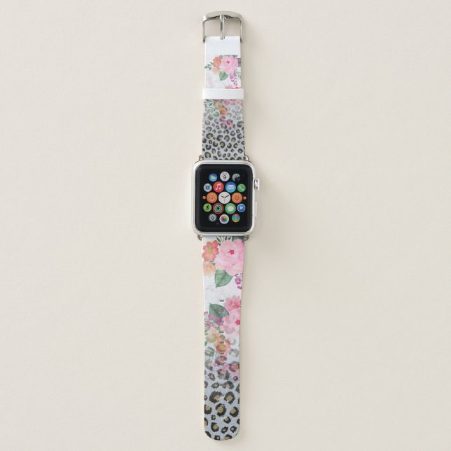 Silver Gold Black Leopard Print Pink Flowers Apple Watch Band (Front)
