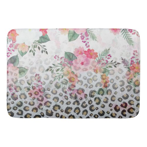 Silver Gold Black Leopard Print Pink Flowers Bath Mat