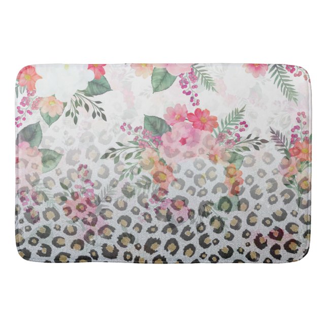 Silver Gold Black Leopard Print Pink Flowers Bath Mat (Front)