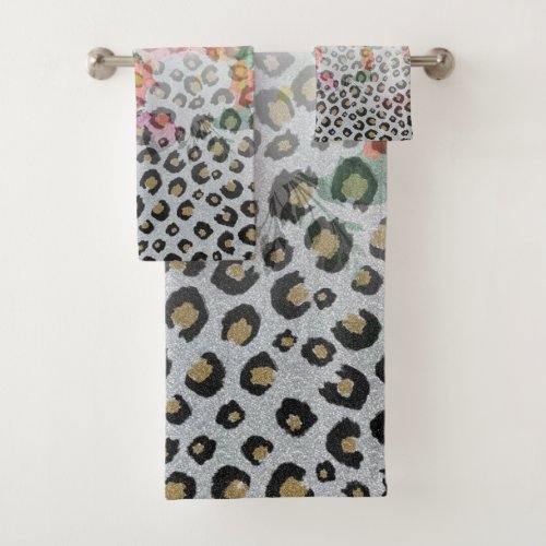 Silver Gold Black Leopard Print Pink Flowers Bath Towel Set