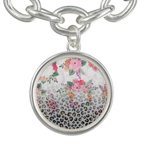 Silver Gold Black Leopard Print Pink Flowers Bracelet