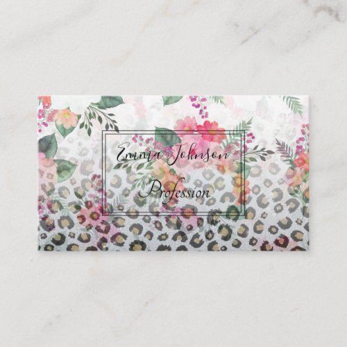 Silver Gold Black Leopard Print Pink Flowers Business Card