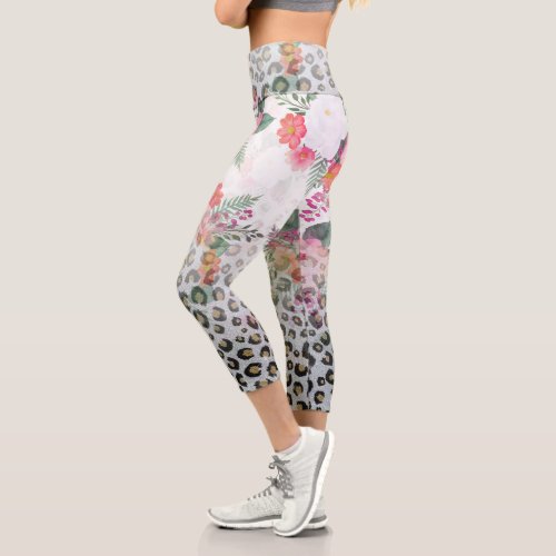 Silver Gold Black Leopard Print Pink Flowers Capri Leggings