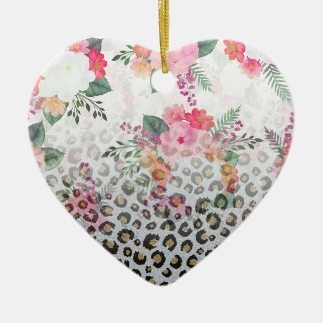 Silver Gold Black Leopard Print Pink Flowers Ceramic Ornament (Front)