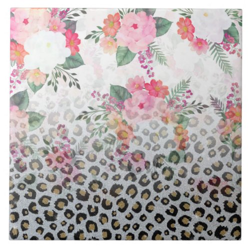 Silver Gold Black Leopard Print Pink Flowers Ceramic Tile