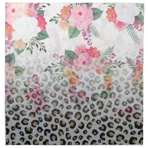 Silver Gold Black Leopard Print Pink Flowers Cloth Napkin