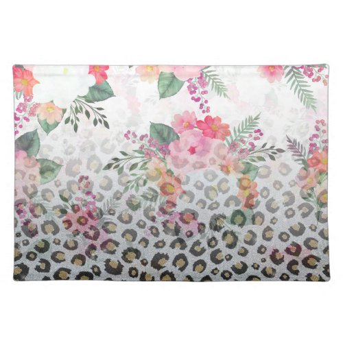 Silver Gold Black Leopard Print Pink Flowers Cloth Placemat