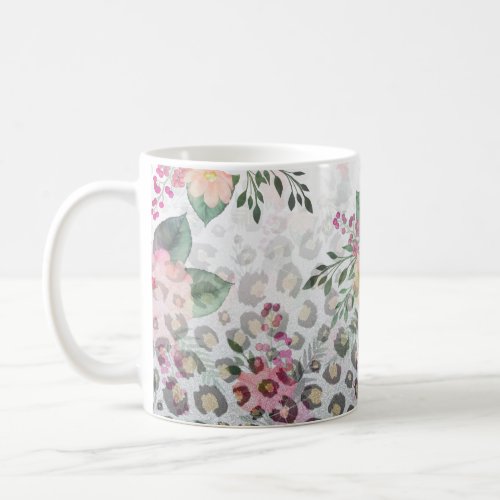 Silver Gold Black Leopard Print Pink Flowers Coffee Mug