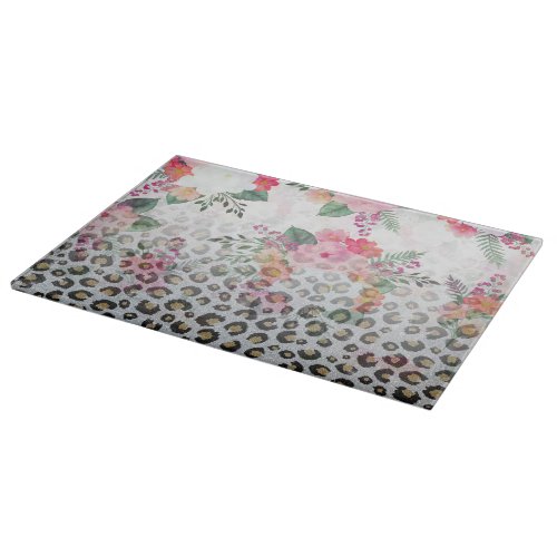 Silver Gold Black Leopard Print Pink Flowers Cutting Board