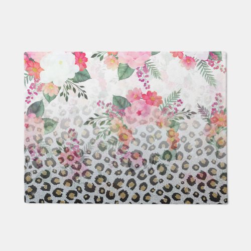 Silver Gold Black Leopard Print Pink Flowers Doormat