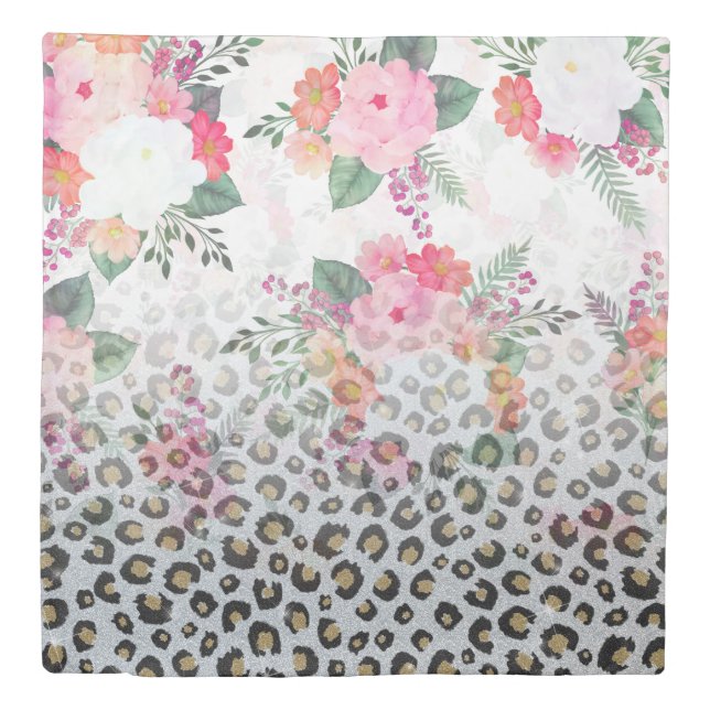Silver Gold Black Leopard Print Pink Flowers Duvet Cover (Front)