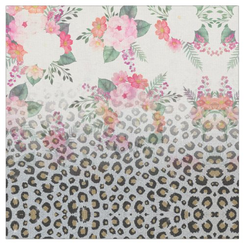 Silver Gold Black Leopard Print Pink Flowers Fabric