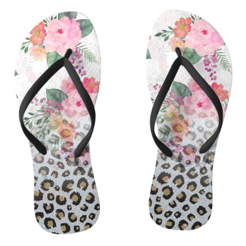 Silver Gold Black Leopard Print Pink Flowers Flip Flops