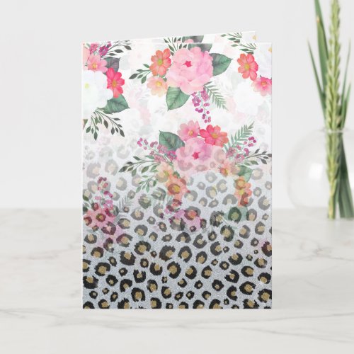 Silver Gold Black Leopard Print Pink Flowers Holiday Card