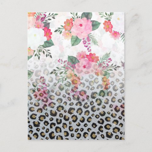 Silver Gold Black Leopard Print Pink Flowers Holiday Postcard