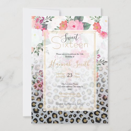 Silver Gold Black Leopard Print Pink Flowers Invitation