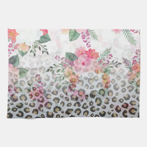 Silver Gold Black Leopard Print Pink Flowers Kitchen Towel