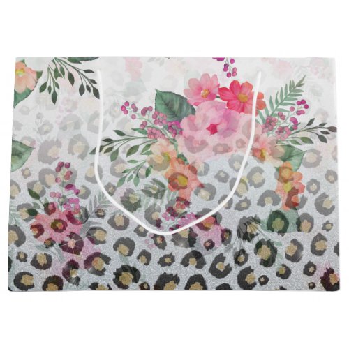 Silver Gold Black Leopard Print Pink Flowers Large Gift Bag