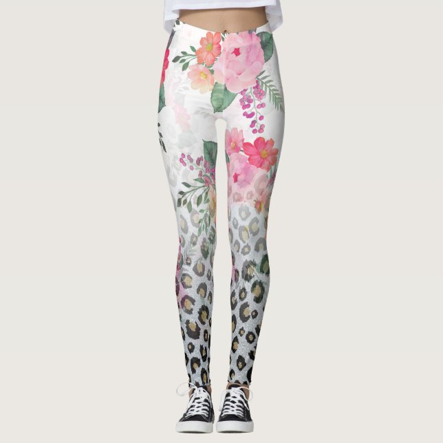 Silver Gold Black Leopard Print Pink Flowers Leggings (Front)