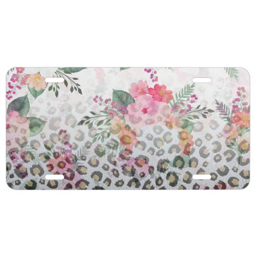 Silver Gold Black Leopard Print Pink Flowers License Plate