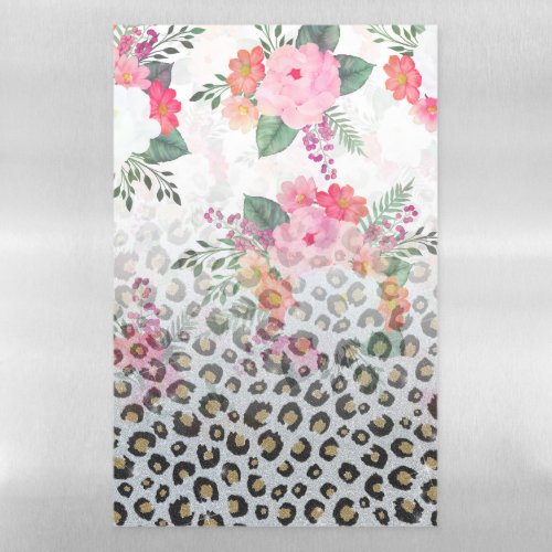Silver Gold Black Leopard Print Pink Flowers Magnetic Dry Erase Sheet