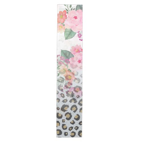 Silver Gold Black Leopard Print Pink Flowers Medium Table Runner