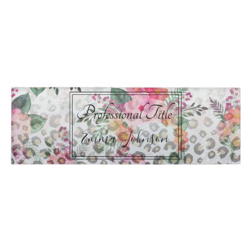 Silver Gold Black Leopard Print Pink Flowers Name Tag