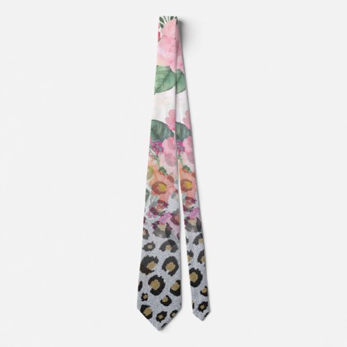 Silver Gold Black Leopard Print Pink Flowers Neck Tie