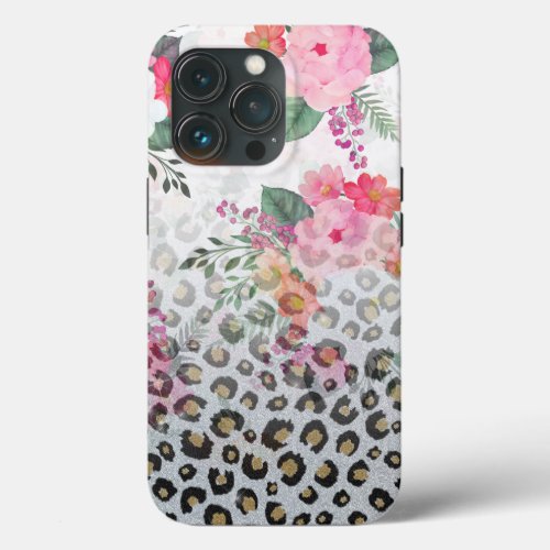 Silver Gold Black Leopard Print Pink Flowers Paint iPhone 13 Pro Case