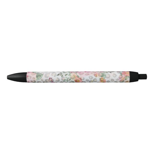Silver Gold Black Leopard Print Pink Flowers Pen (Front)