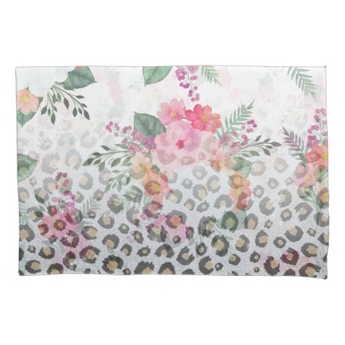 Silver Gold Black Leopard Print Pink Flowers Pillow Case