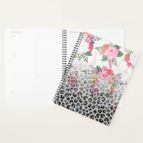 Silver Gold Black Leopard Print Pink Flowers Planner