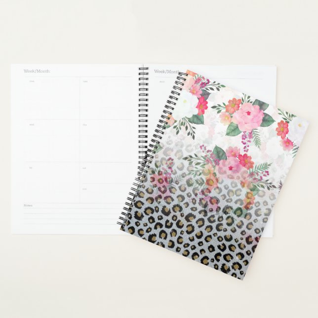 Silver Gold Black Leopard Print Pink Flowers Planner (Display)