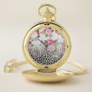 Silver Gold Black Leopard Print Pink Flowers Pocket Watch