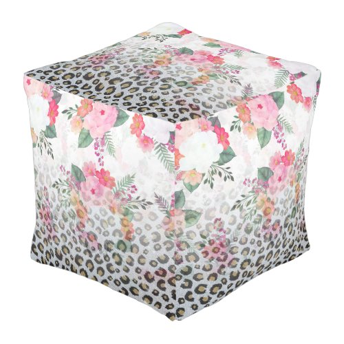 Silver Gold Black Leopard Print Pink Flowers Pouf