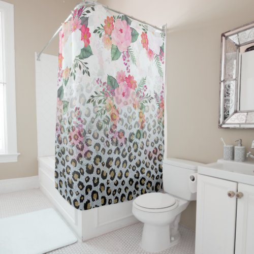 Silver Gold Black Leopard Print Pink Flowers Shower Curtain