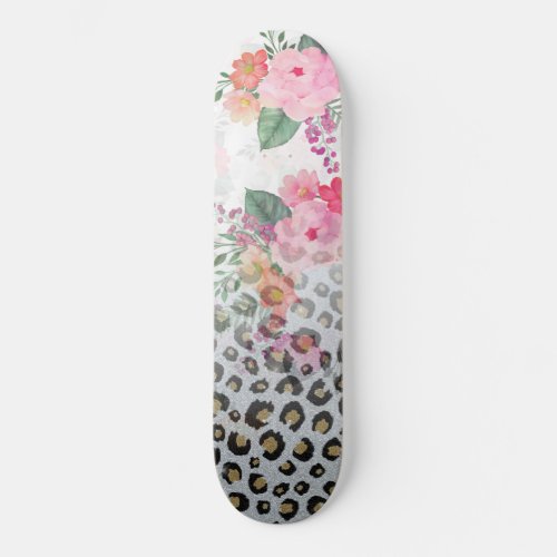 Silver Gold Black Leopard Print Pink Flowers Skateboard