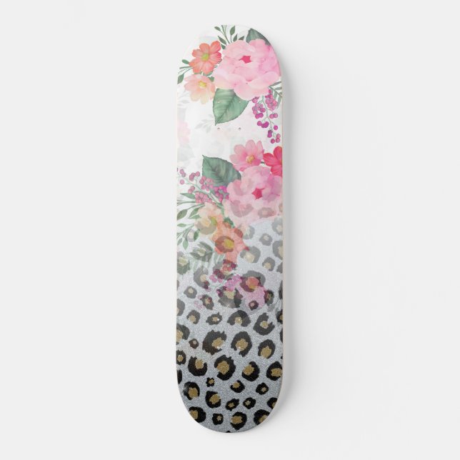 Silver Gold Black Leopard Print Pink Flowers Skateboard (Front)