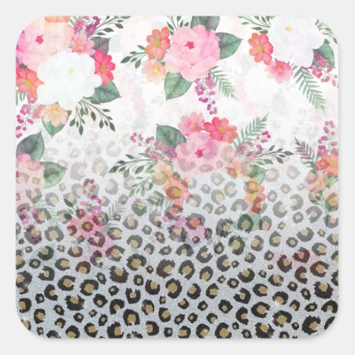 Silver Gold Black Leopard Print Pink Flowers Square Sticker