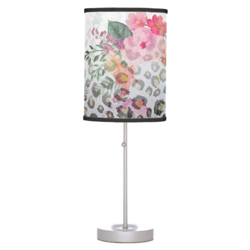 Silver Gold Black Leopard Print Pink Flowers Table Lamp