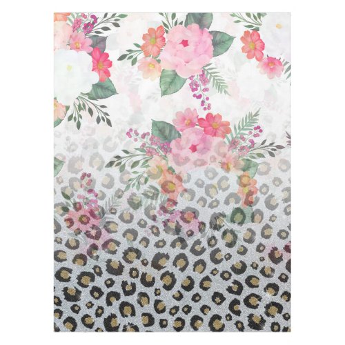 Silver Gold Black Leopard Print Pink Flowers Tablecloth