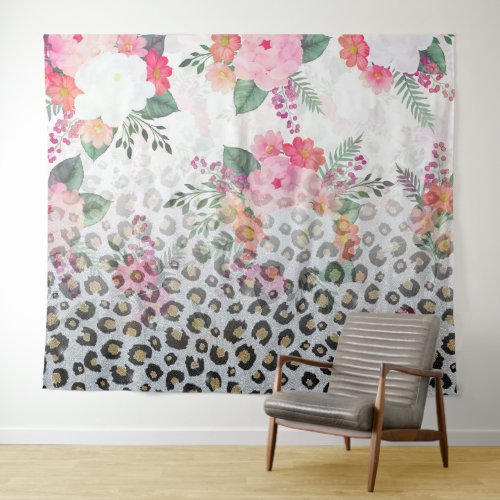 Silver Gold Black Leopard Print Pink Flowers Tapestry