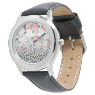 Silver Gold Black Leopard Print Pink Flowers Watch