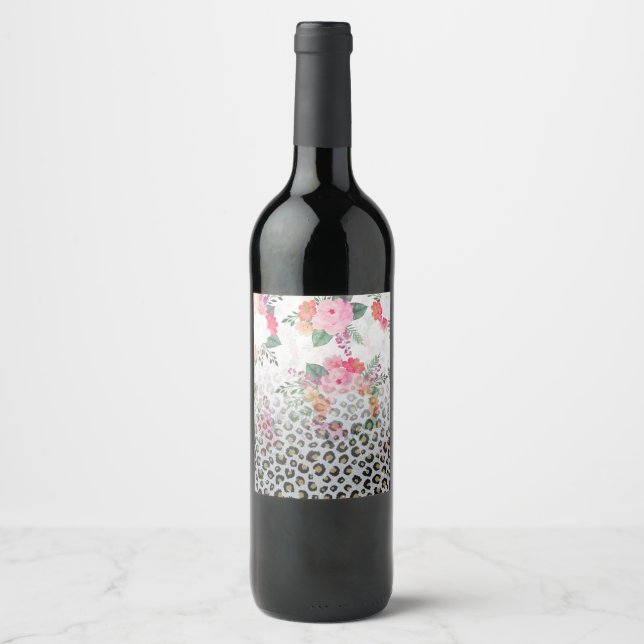 Silver Gold Black Leopard Print Pink Flowers Wine Label (Front)