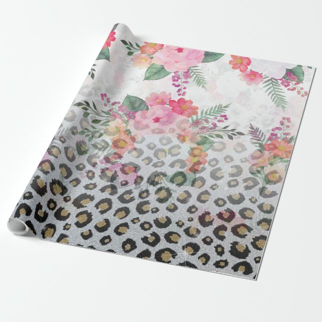 Silver Gold Black Leopard Print Pink Flowers Wrapping Paper (Unrolled)