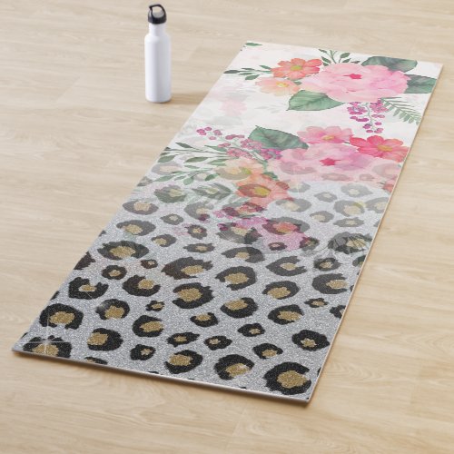 Silver Gold Black Leopard Print Pink Flowers Yoga Mat