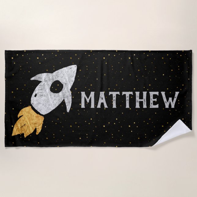 Silver Gold Black Rocket Ship Personalized Beach Towel (Front)